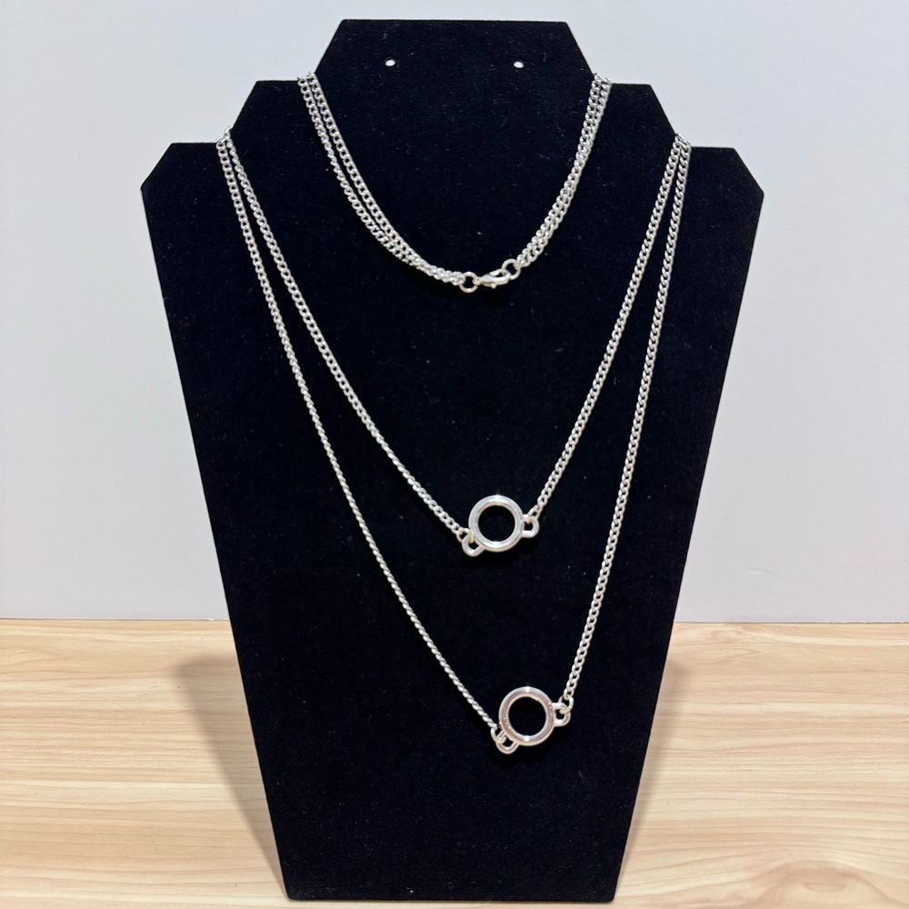 Silver Tone Double Layer Circle Pendant Necklace Layered Circle 14.5" & 16.5"